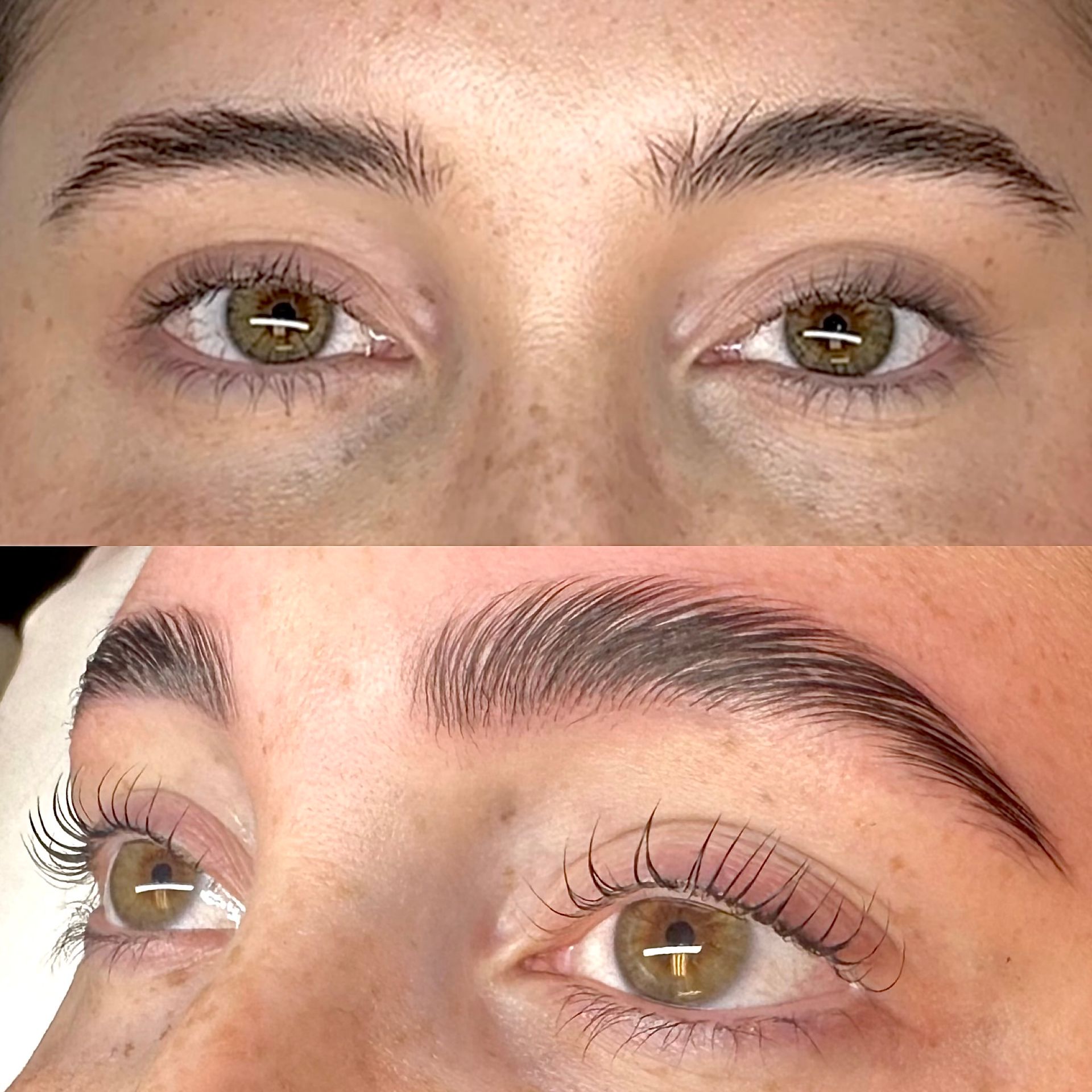 A before and after picture of a woman 's eyebrows.