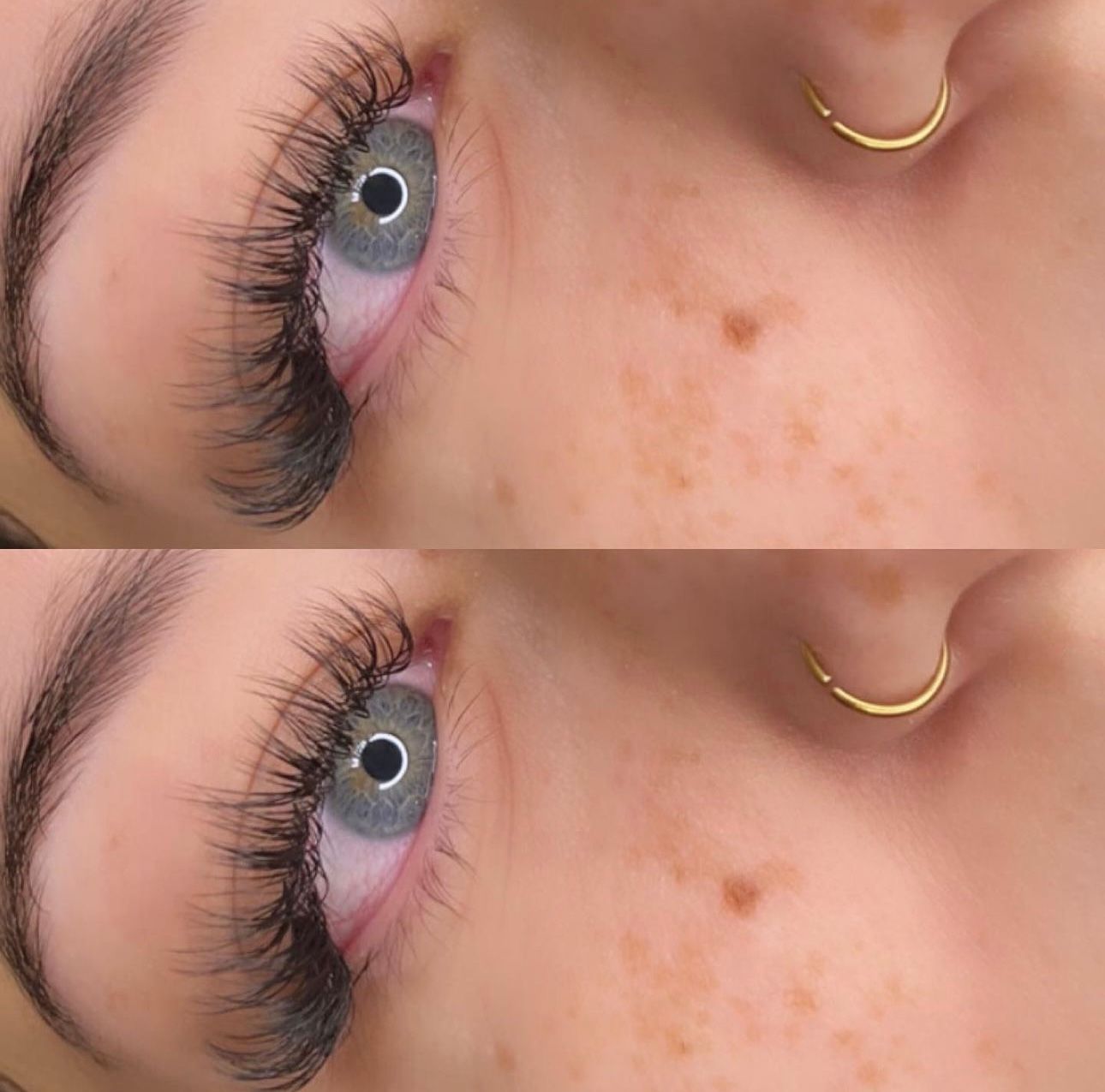 A close up of a woman 's eye with long eyelashes.