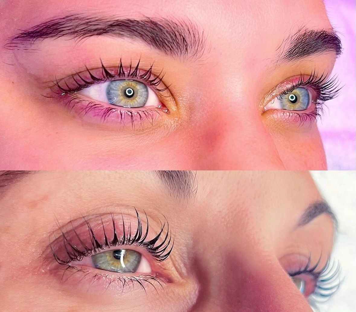 A close up of a woman 's green eye with long eyelashes.