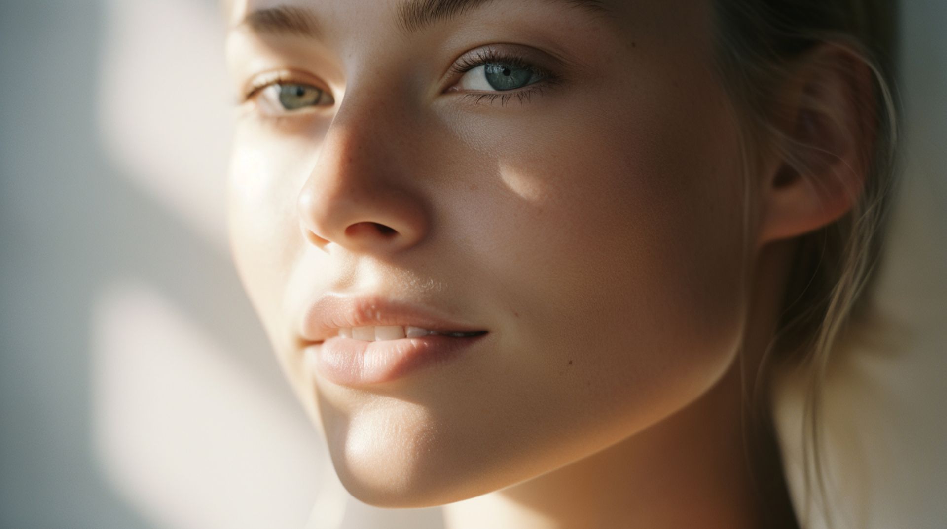 A close up of a woman 's face with the sun shining on it.