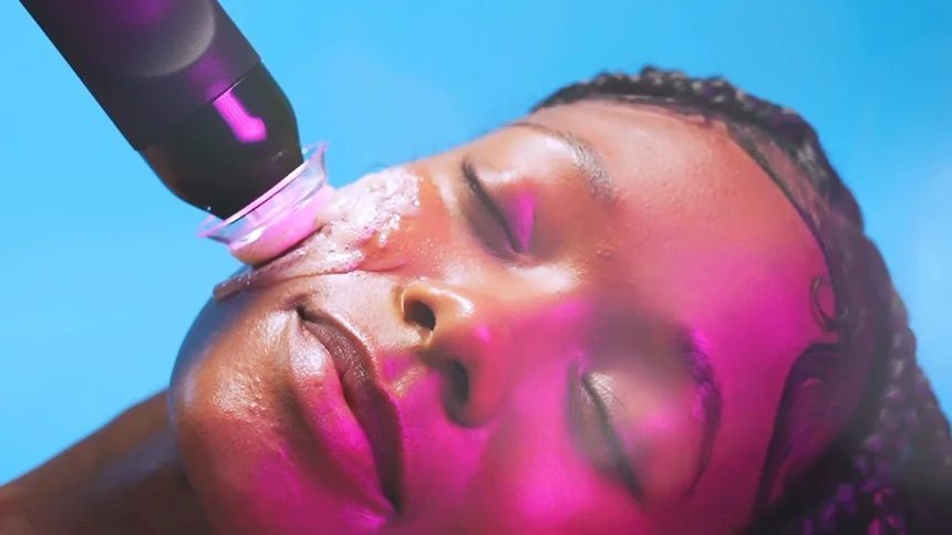A woman is sitting on a couch holding a blue can
