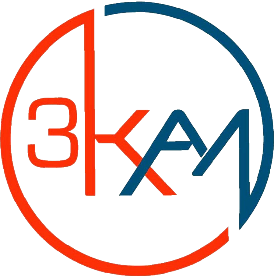 A circular logo with the text "3KAM" in a stylized, modern font, using a split color scheme of orange and blue.