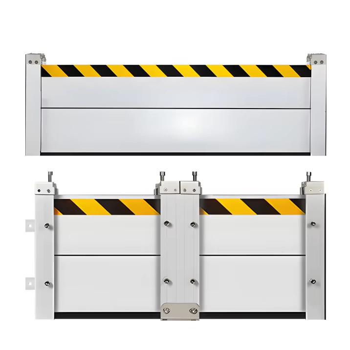 A white barrier with black and yellow stripes on it