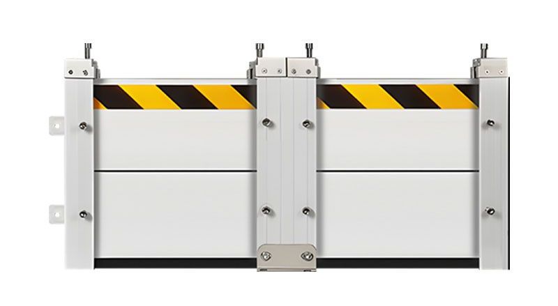 A white barrier with yellow and black stripes on it on a white background.