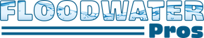 A logo for floodwater pros with water drops on it