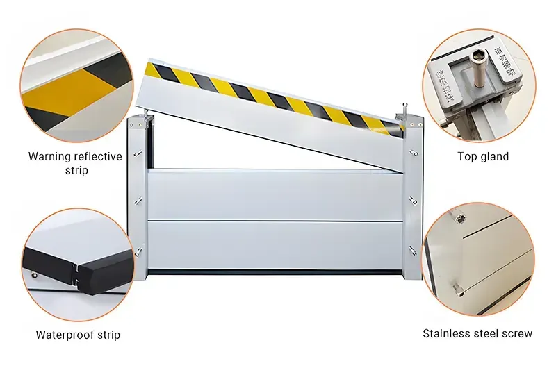 A picture of a flood barrier with a warning reflective strip and a stainless steel screw.