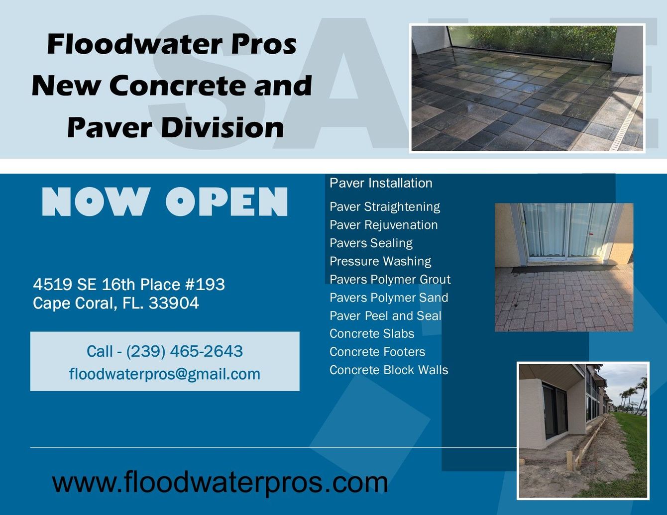 Advertisement for Floodwater Pros: concrete and paver division, with contact info and example photos.