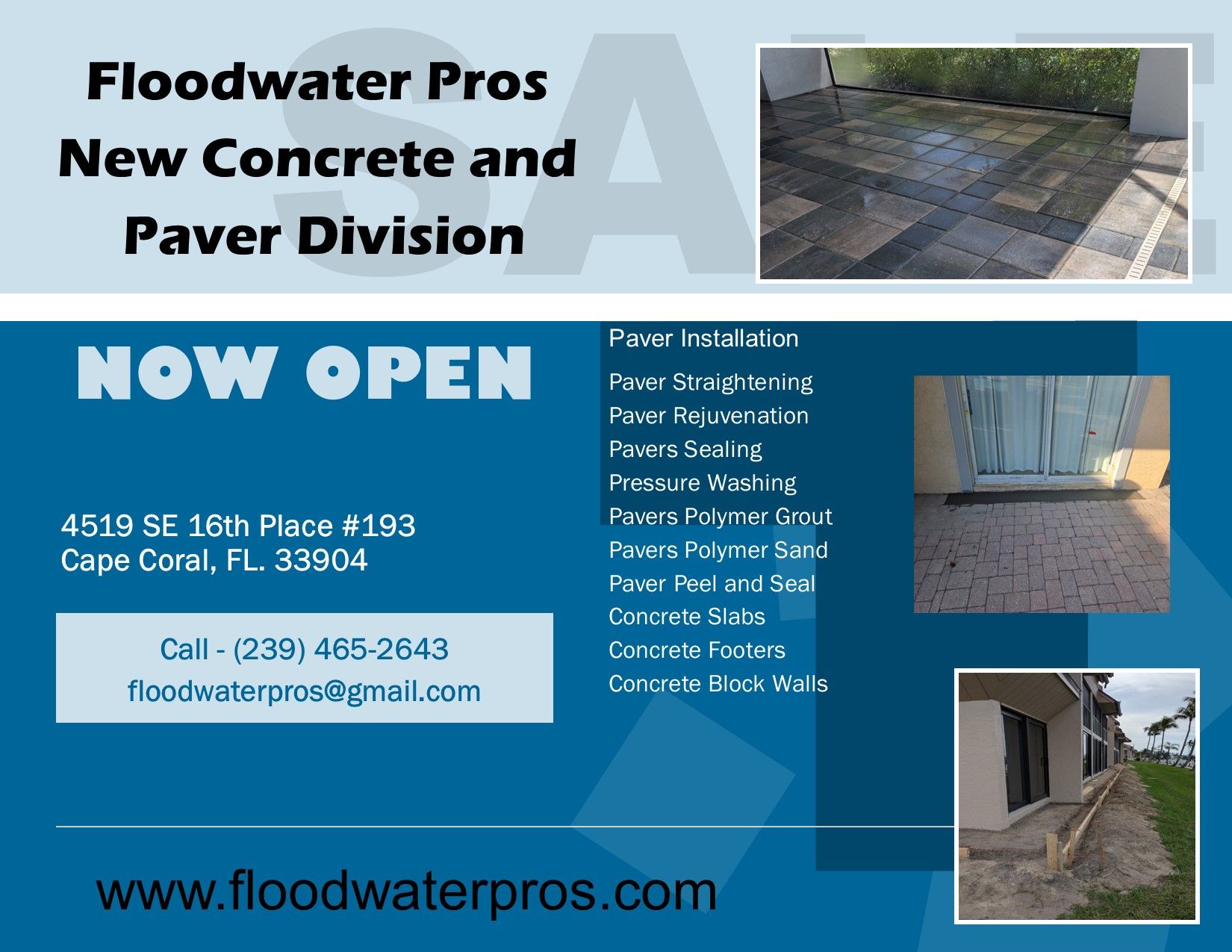 Advertisement for Floodwater Pros: concrete and paver division, with contact info and example photos.