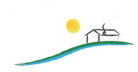 Sole su una collina verde e blu con una piccola casa.