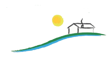 Sole su una collina verde e blu con una piccola casa.