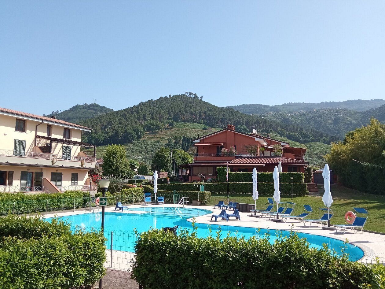 Una piscina immersa nel verde, con montagne sullo sfondo e palazzi in lontananza.