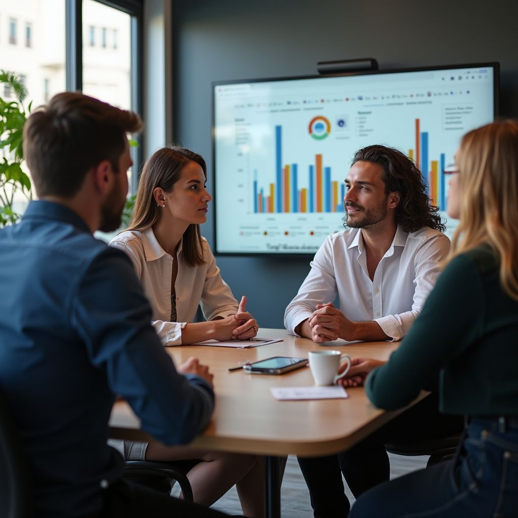 四個人圍坐在桌旁開會，看著螢幕上的數據。