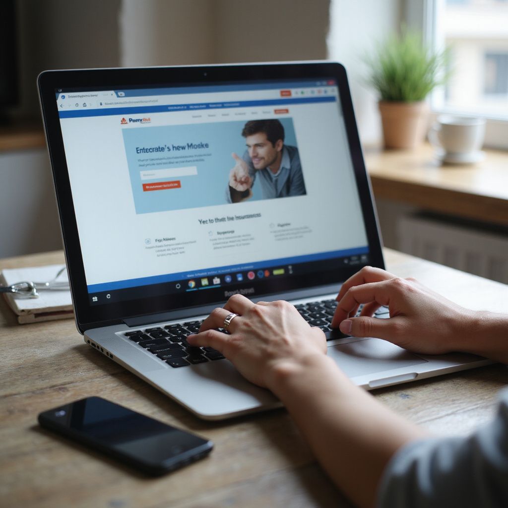 一個人正在用筆記型電腦打字，電腦上打開著一個網頁，旁邊放著一部手機和一個杯子。