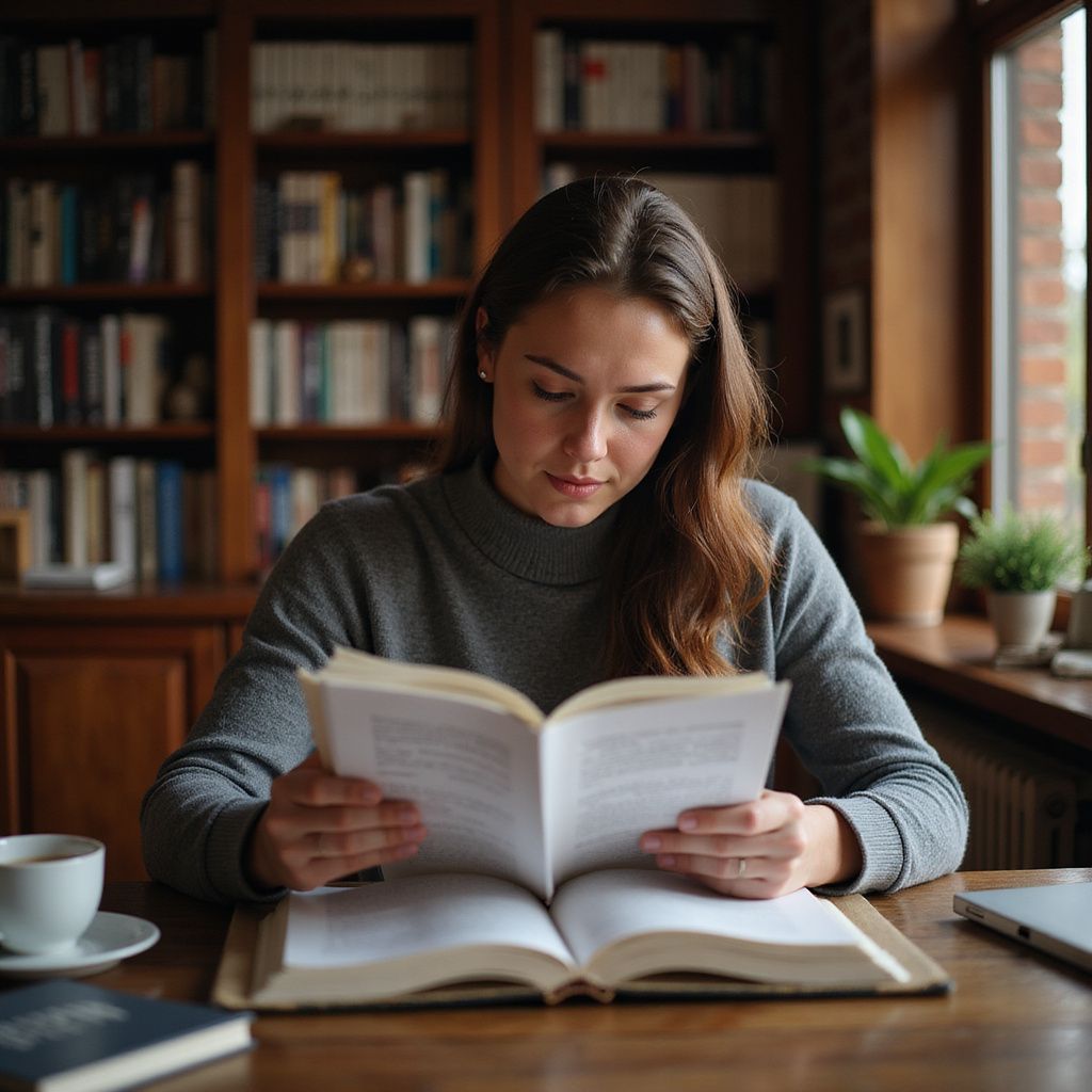 一位女士在書架和窗戶前的木桌旁看書。