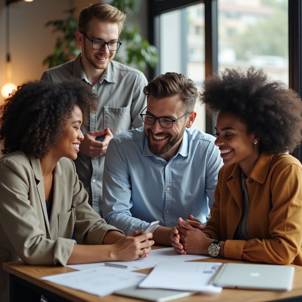 四位背景各異的同事圍坐在辦公室的桌子旁，桌子周圍放著文件和筆記型電腦，他們笑聲不斷。