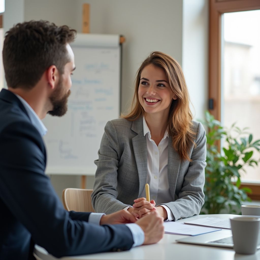 辦公室裡，一男一女身著商務正裝，微笑著坐在桌前討論問題。