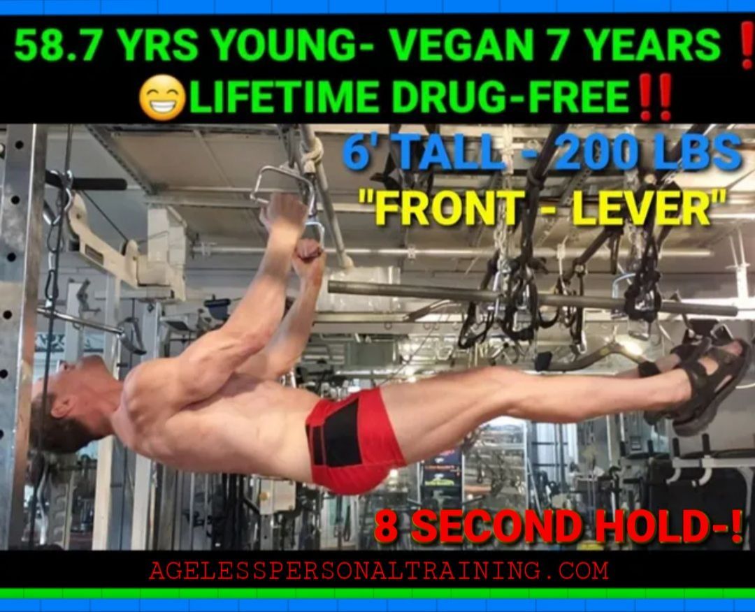 A man is doing a pull up in a gym with agelesspersonaltraining.com written on the bottom