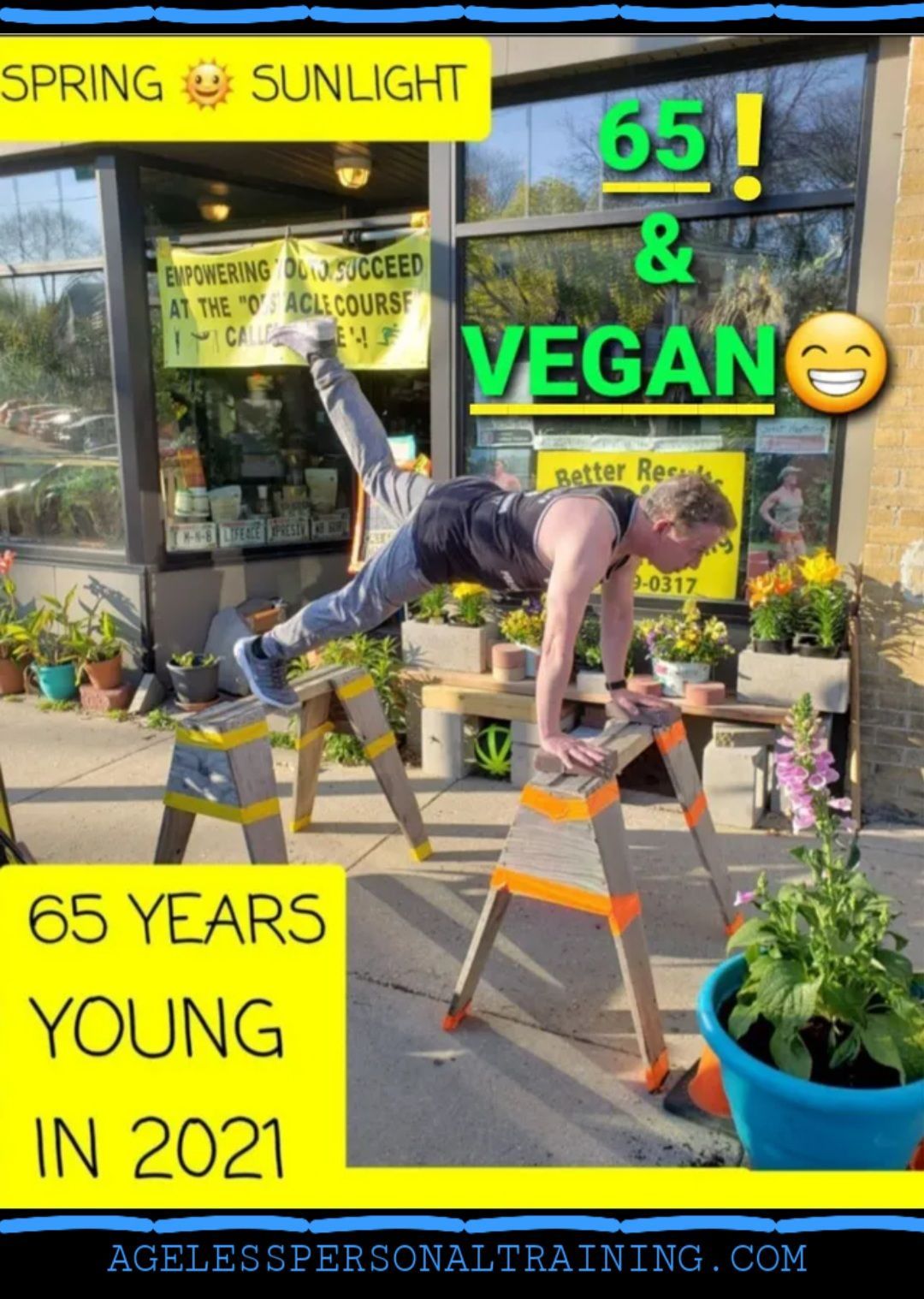 A man is doing push ups on a ladder in front of a store.