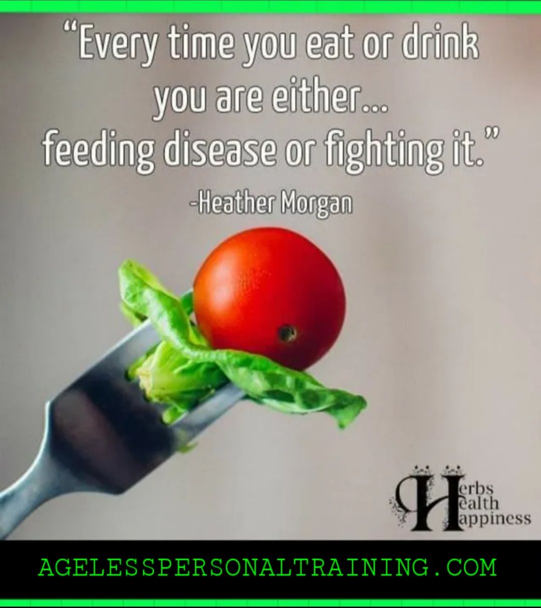 A tomato and lettuce on a fork with a quote from heather morgan