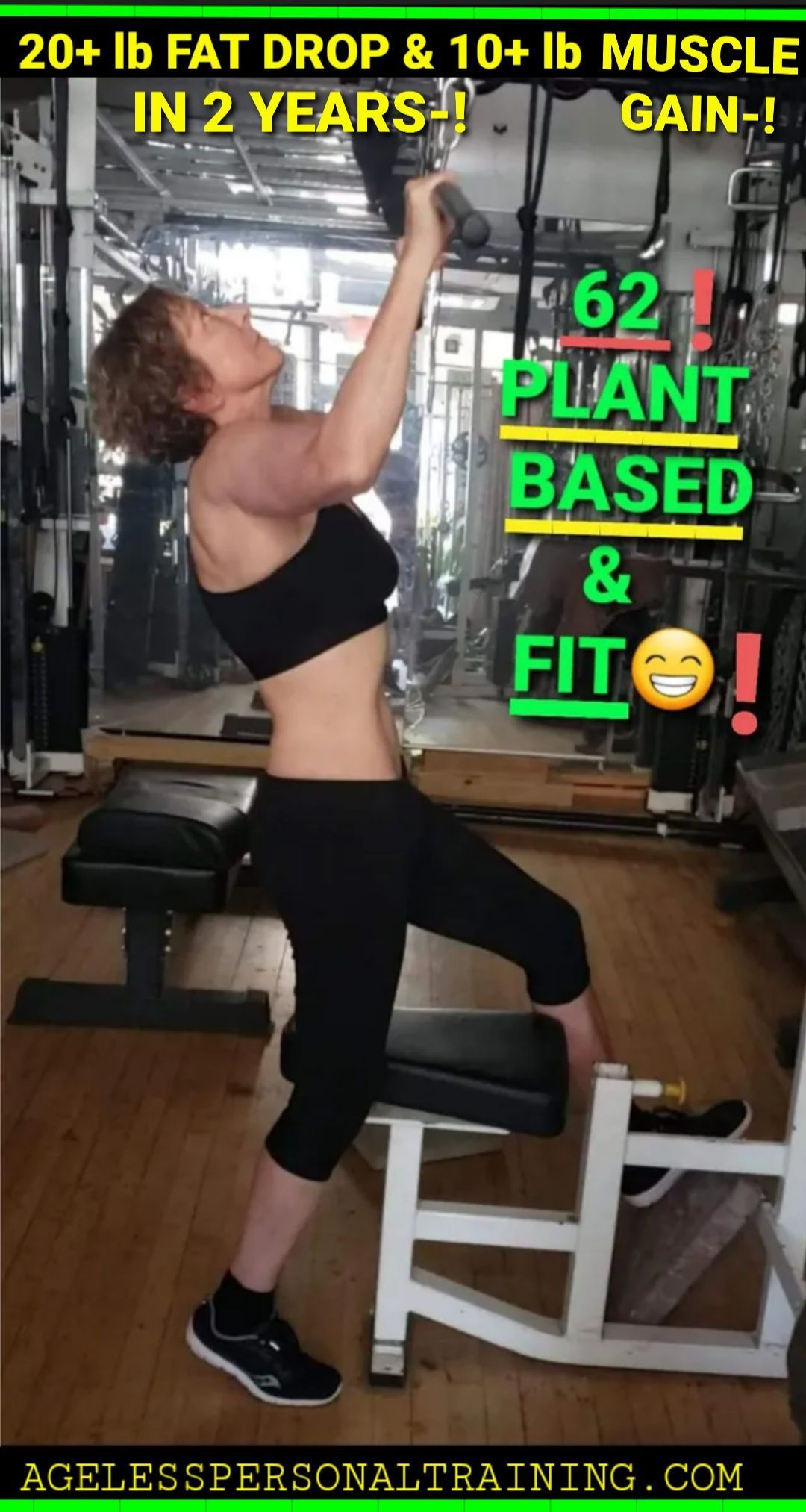 A woman is sitting on a bench in a gym lifting a barbell.