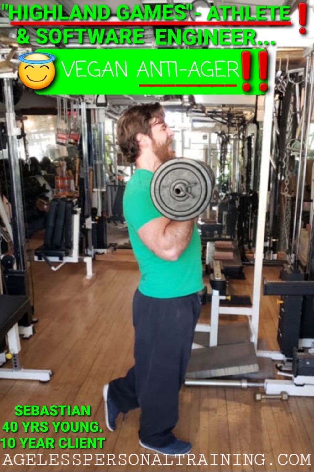 A man in a green shirt is lifting a barbell in a gym