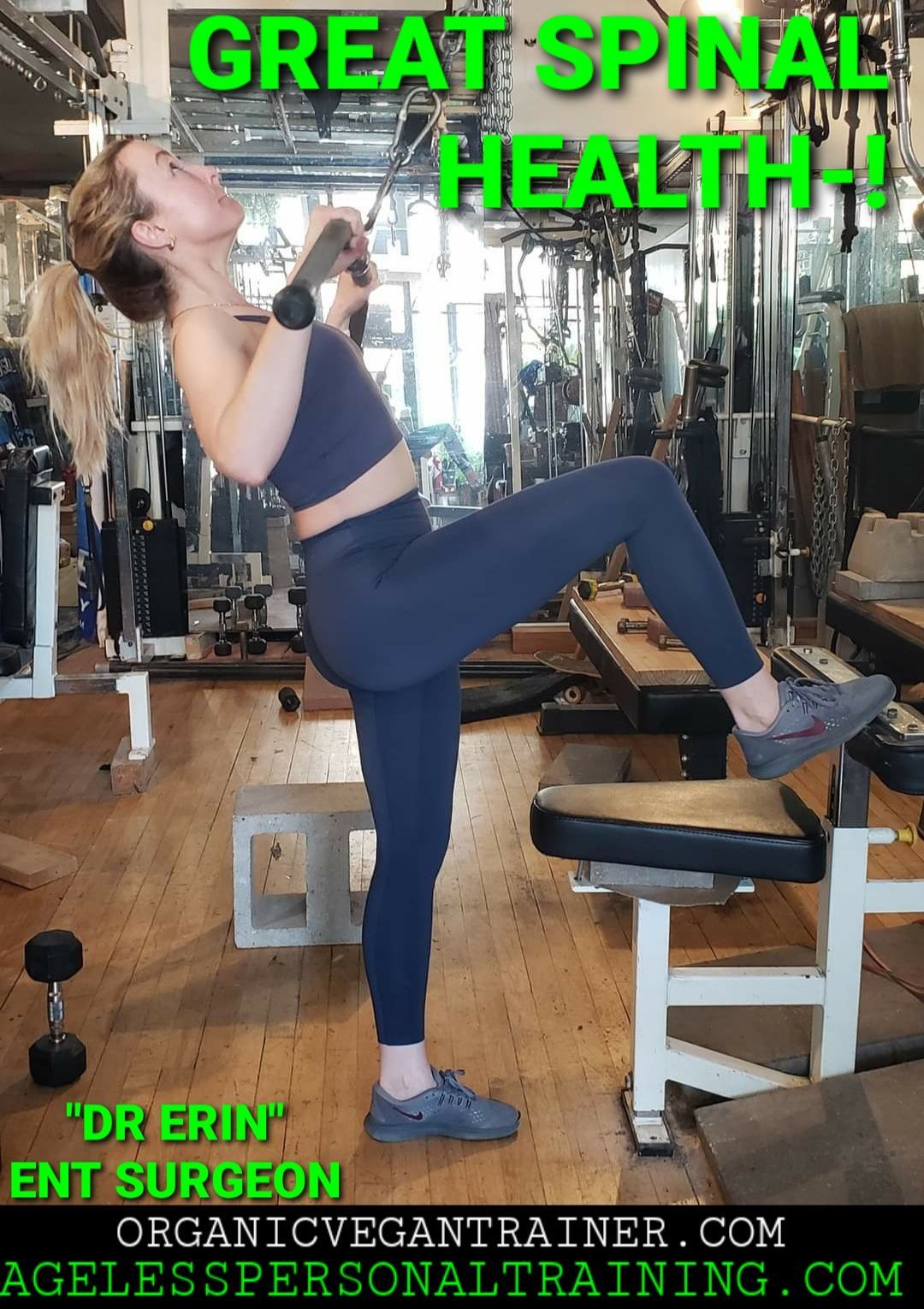 A woman is doing exercises in a gym with the caption great spinal health