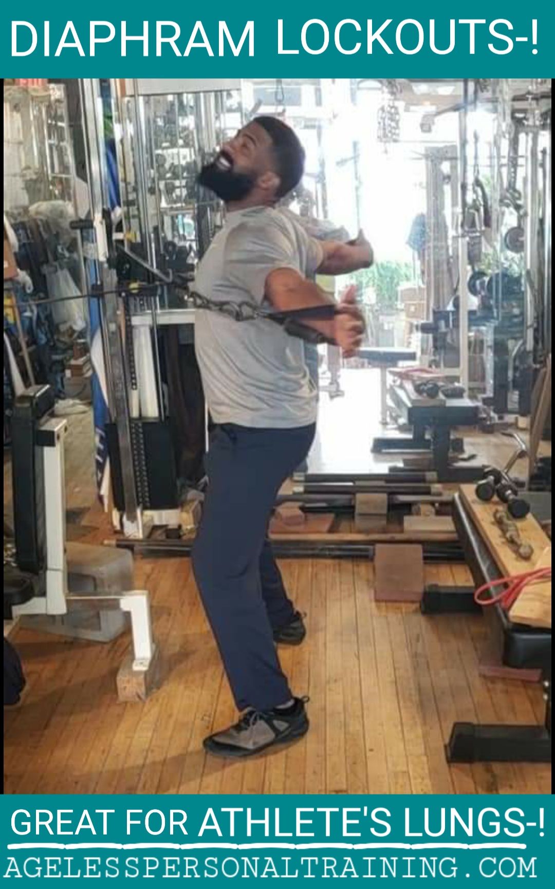 A man is doing diaphram lockouts in a gym.