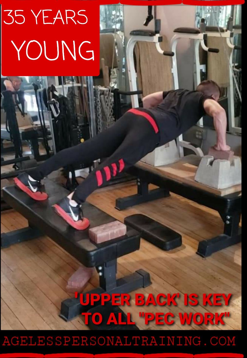 A woman is doing push ups on a bench in a gym