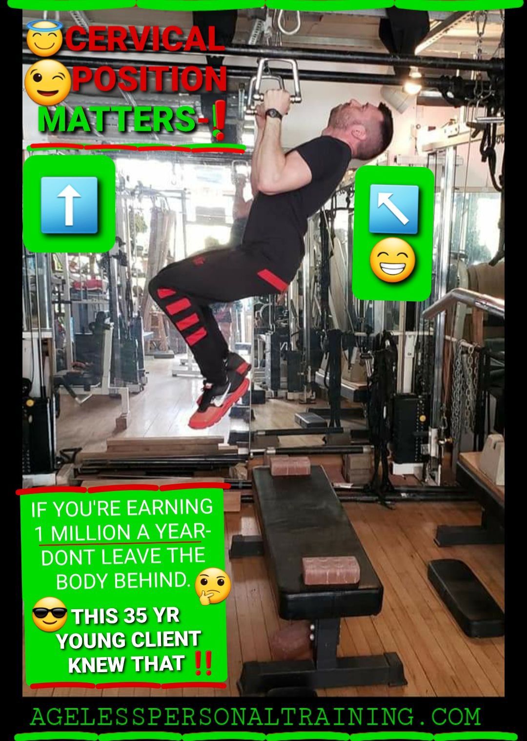 A man is doing a pull up in a gym.