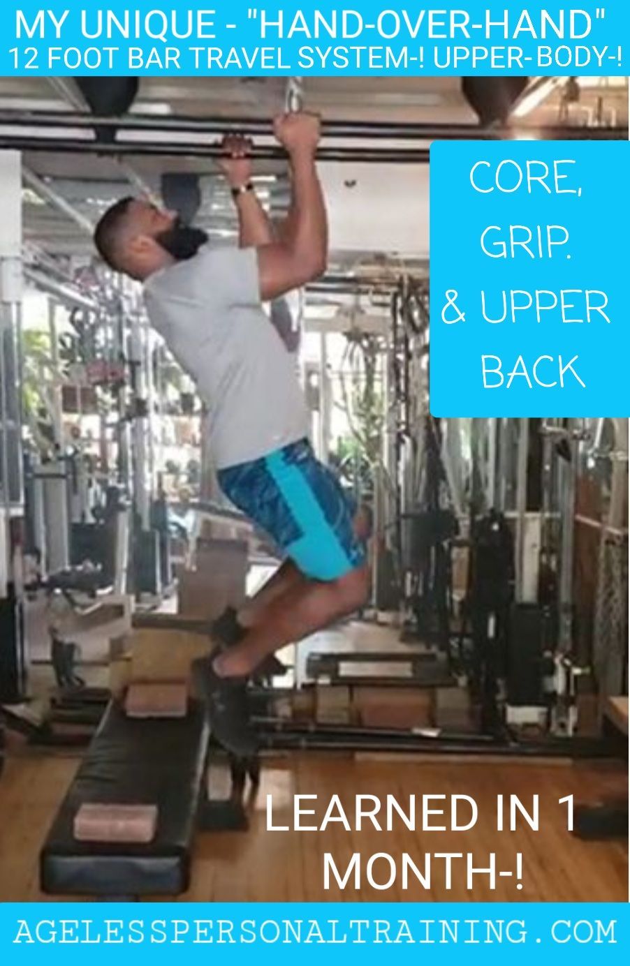 A man is doing a hand over hand exercise in a gym.