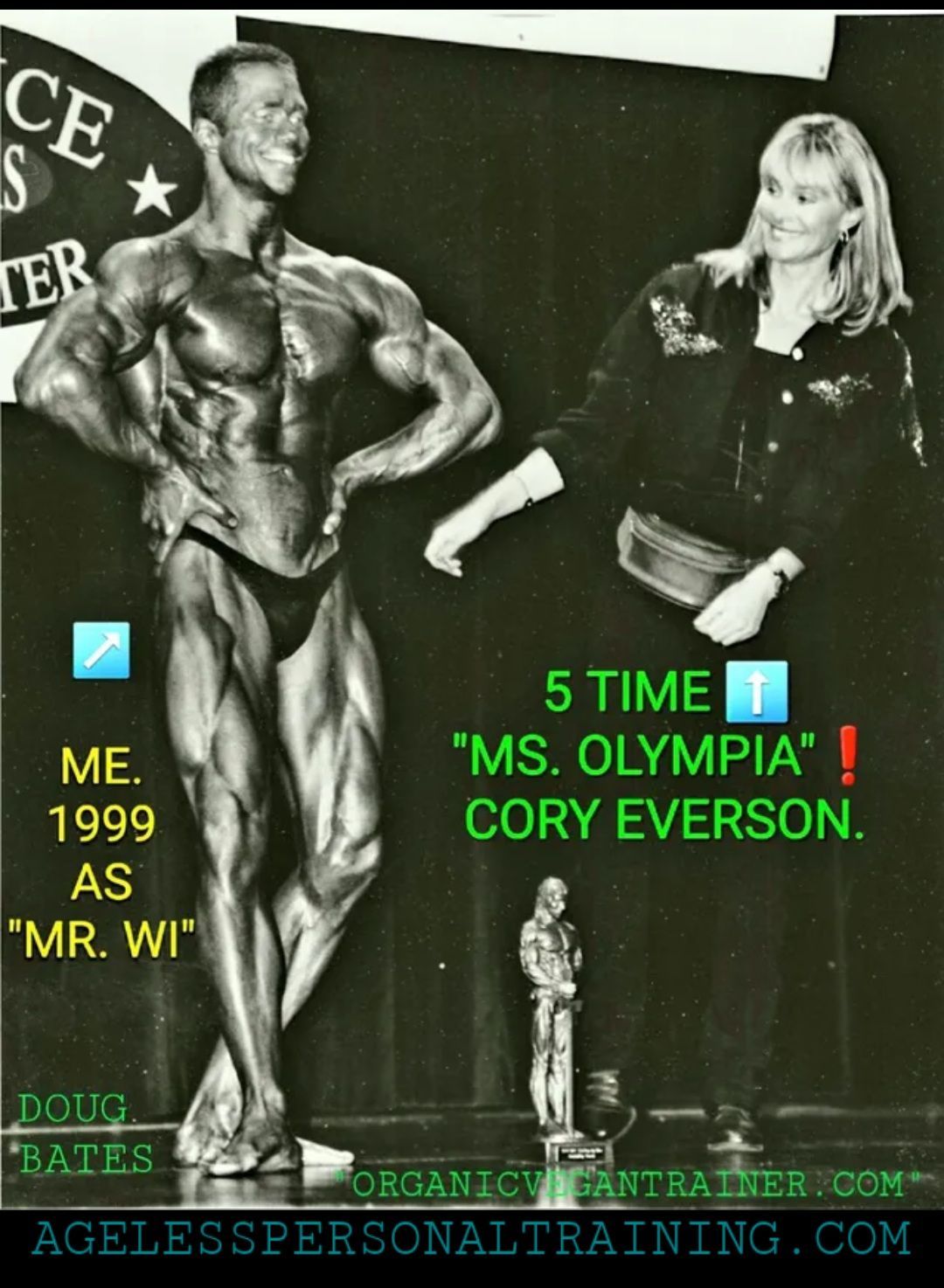 A black and white photo of a bodybuilder with the caption 5 time ms. olympia cory everson