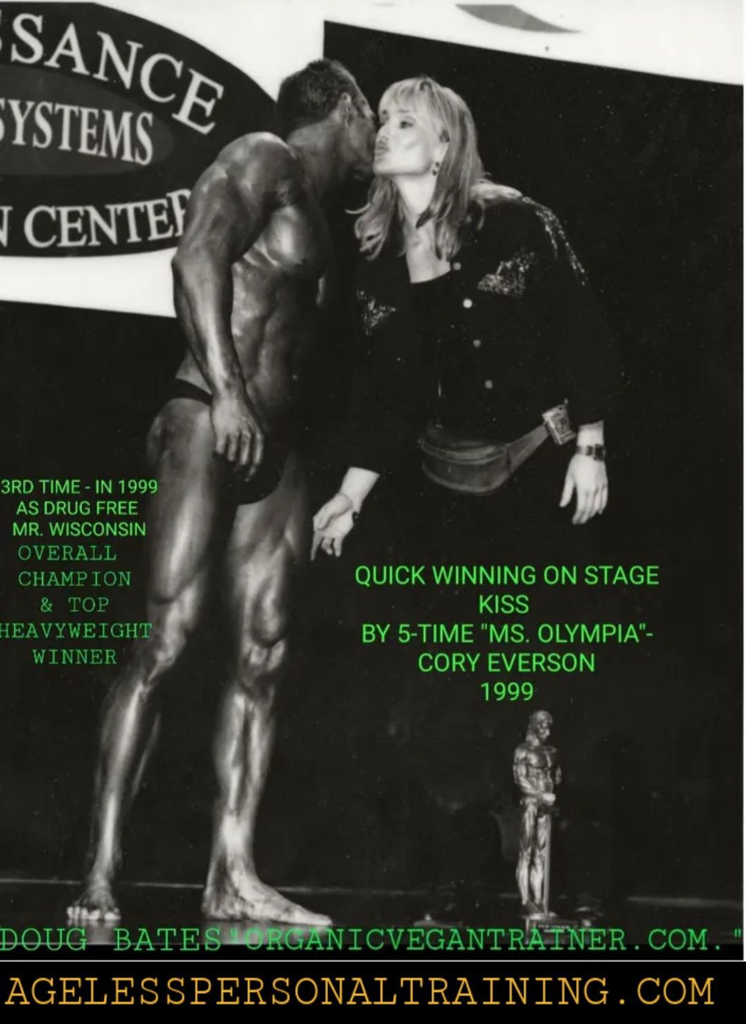A black and white photo of a woman kissing a bodybuilder