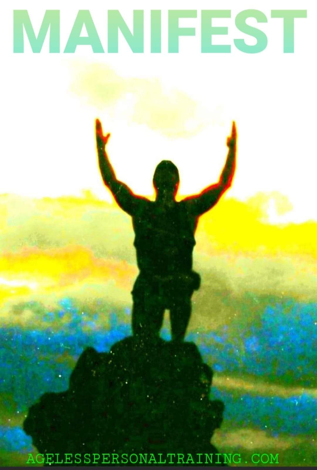 A poster of a man standing on top of a mountain with his arms in the air