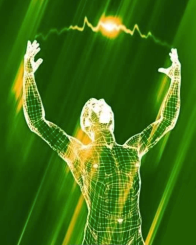 A silhouette of a man with his arms outstretched against a green background