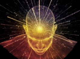 A computer generated image of a person 's head with a light coming out of it.