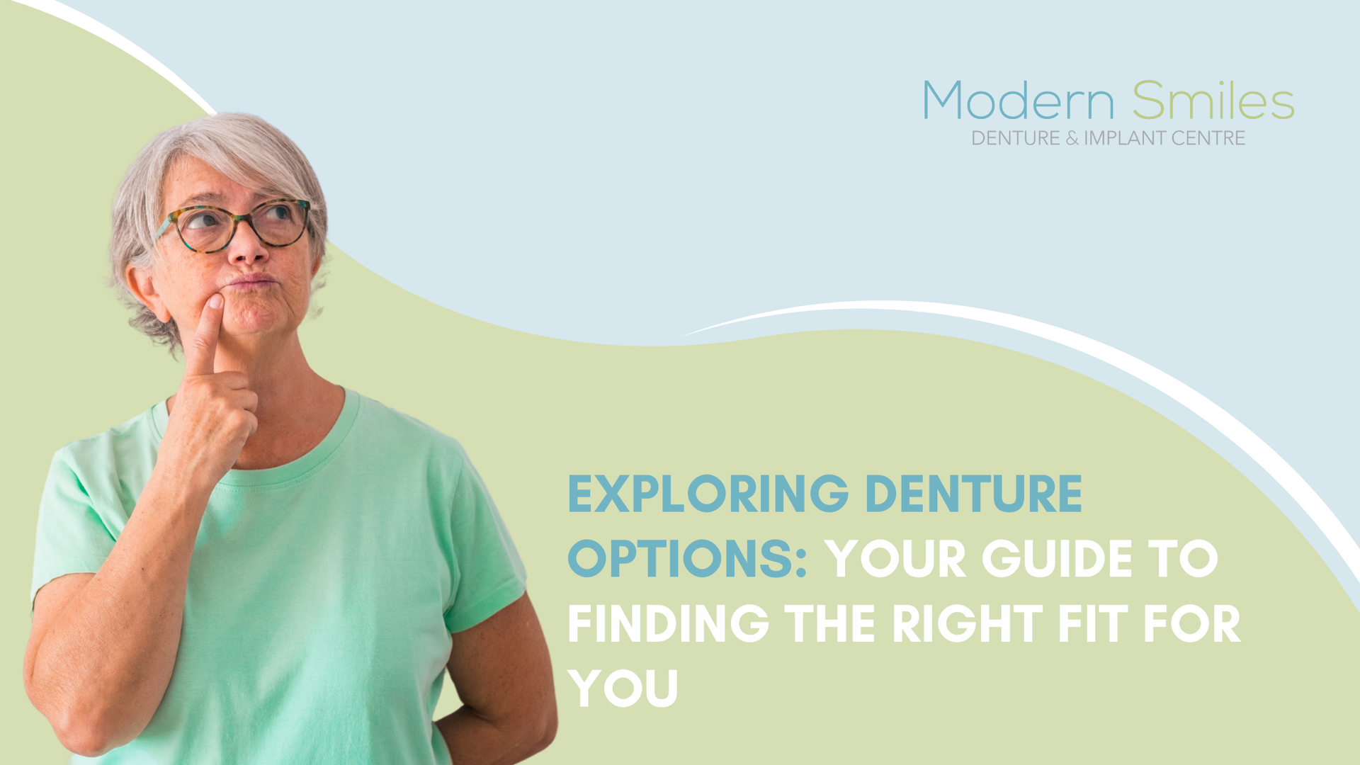 An older woman wearing glasses and a green shirt is thinking about denture options.