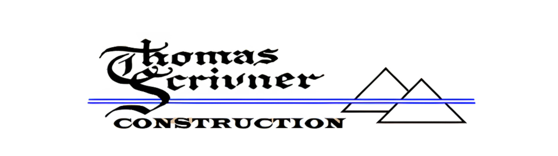 Thomas Scrivner Construction logo with black text, blue line, and mountain outline