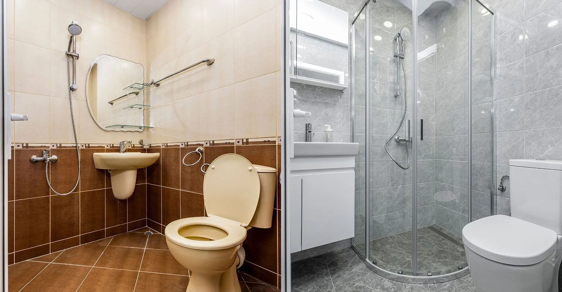Two bathroom interiors: a beige toilet and sink, and a modern glass shower with toilet and white vanity.