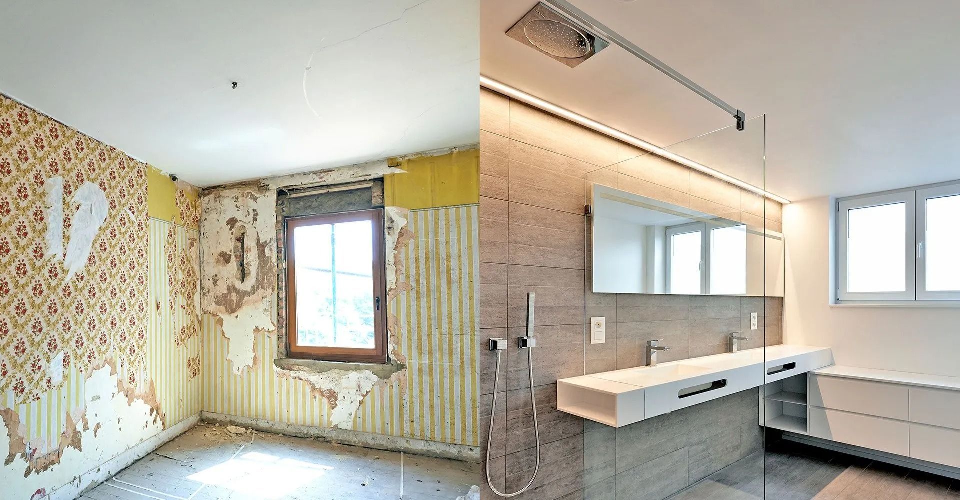 Partially renovated bathroom with exposed wall insulation, a window, and a long vanity with sink.