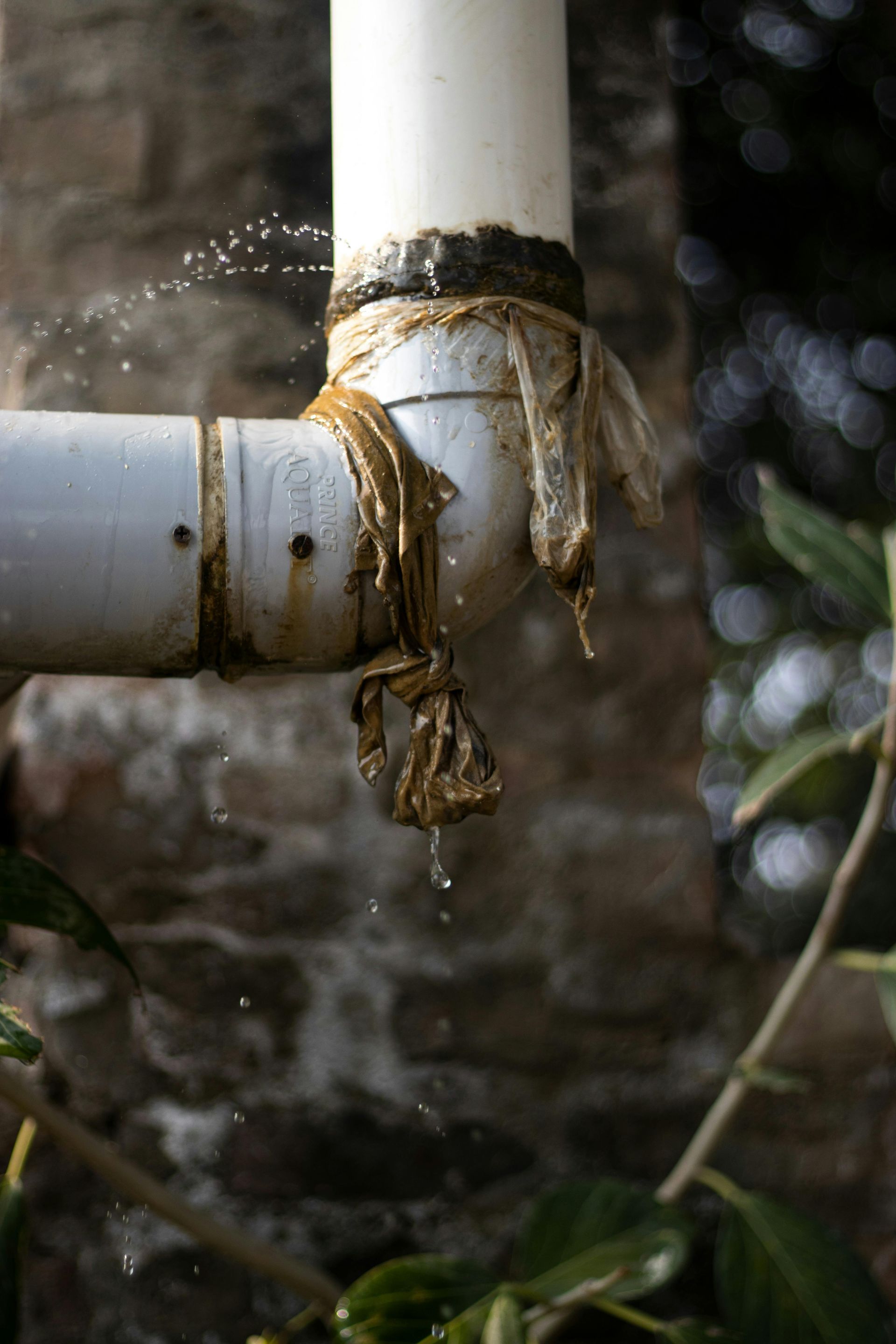 Leaking white PVC pipe with water dripping and rust stains outdoors
