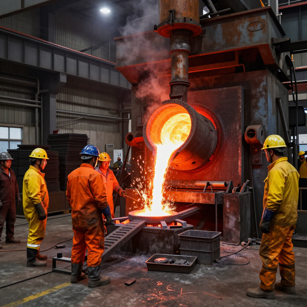 En una fábrica, obreros industriales con trajes de protección supervisan el vertido de metal fundido procedente de un gran horno industrial.