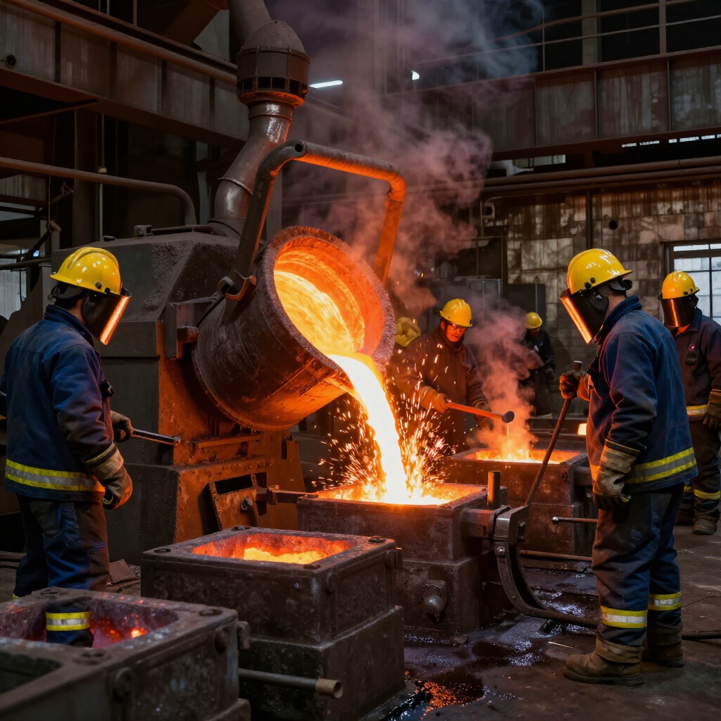 En una fundición industrial, los trabajadores, equipados con trajes de seguridad, vierten metal fundido desde un horno en moldes.