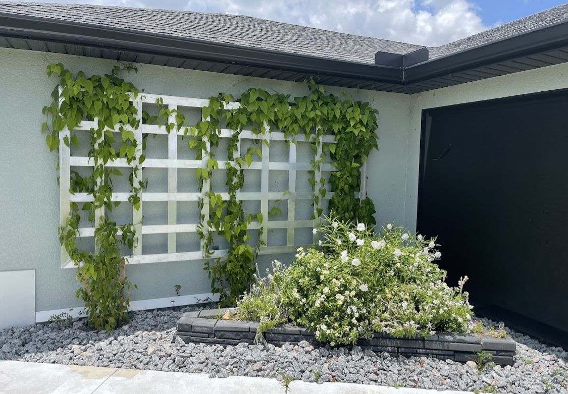 A house with a white trellis on the side of it