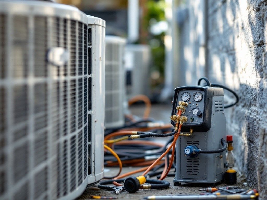 A person is cleaning an air conditioner with a screwdriver.