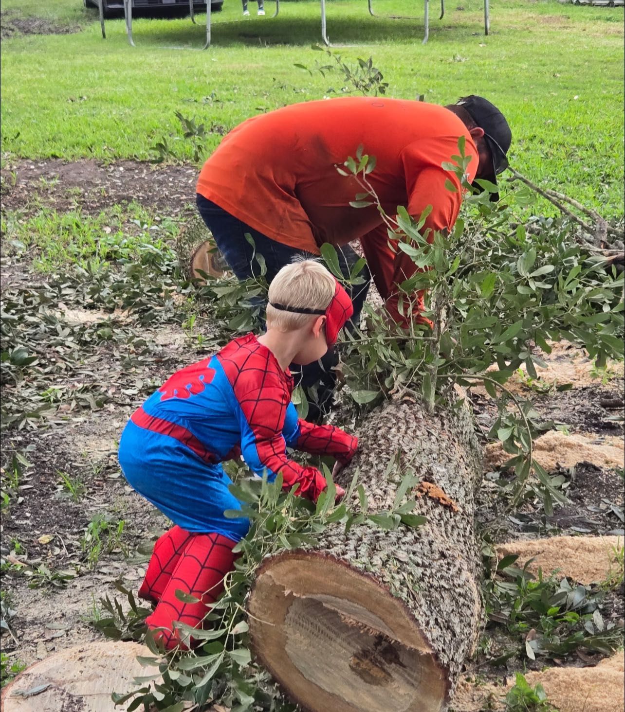 Man and child in a Spider-Man costume working on a log in a grassy area.