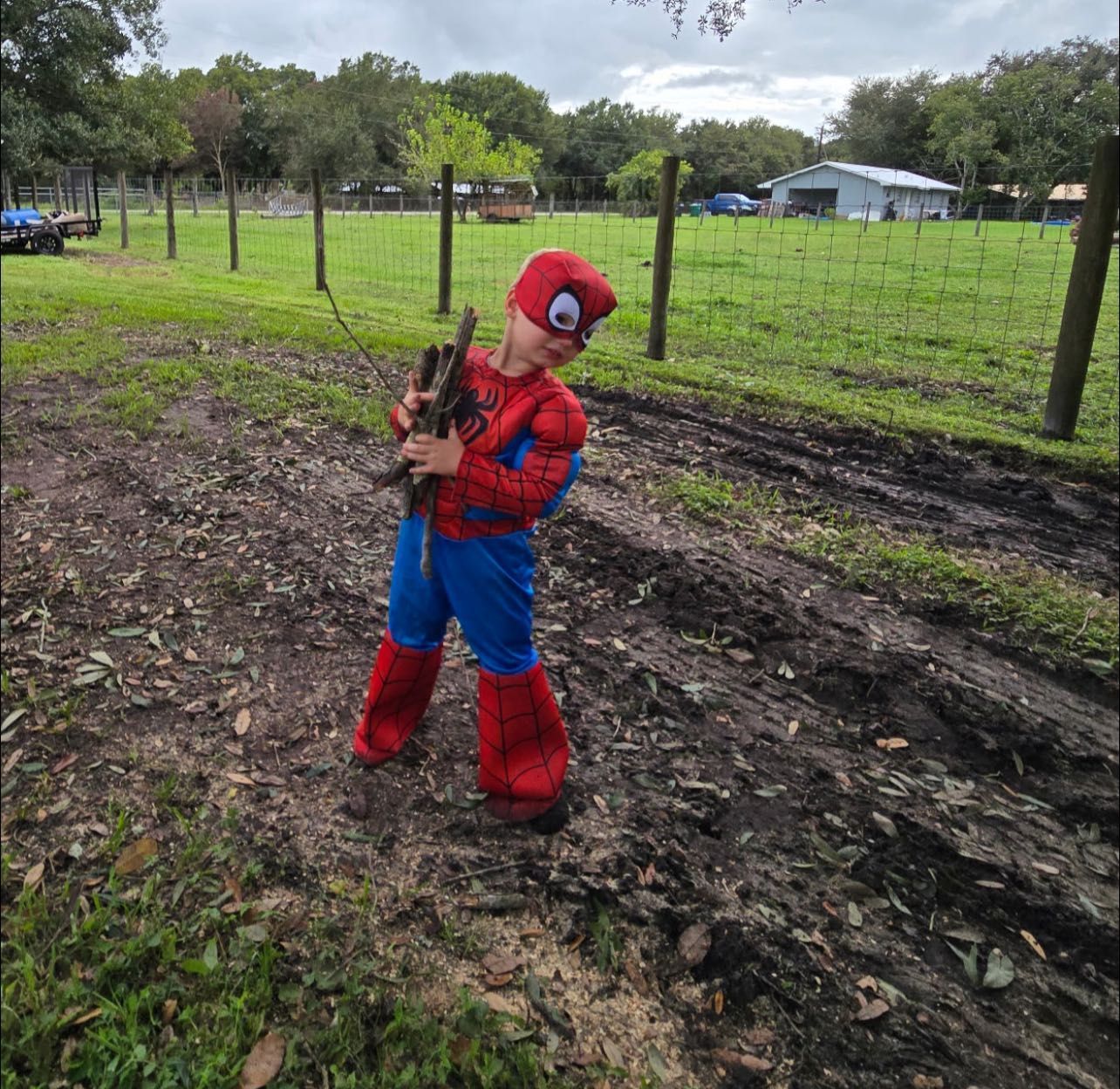 Young child in Spider-Man costume holds sticks, smiling in a grassy field.