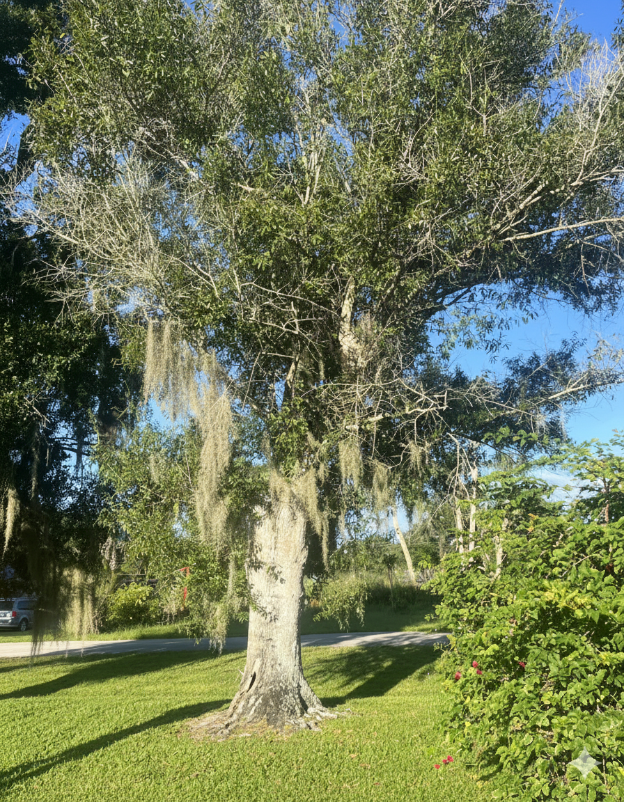 Mature tree with a thick trunk and Spanish moss hanging from its branches, in a grassy area with blue sky.