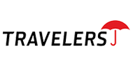 A logo for travelers j with a red umbrella on a white background.