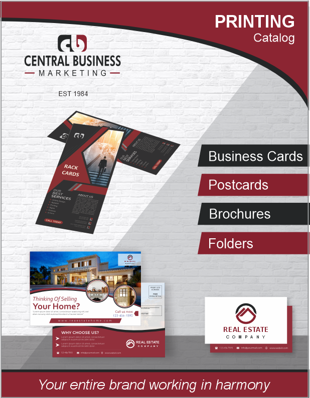 Printing catalog cover featuring business cards and postcards