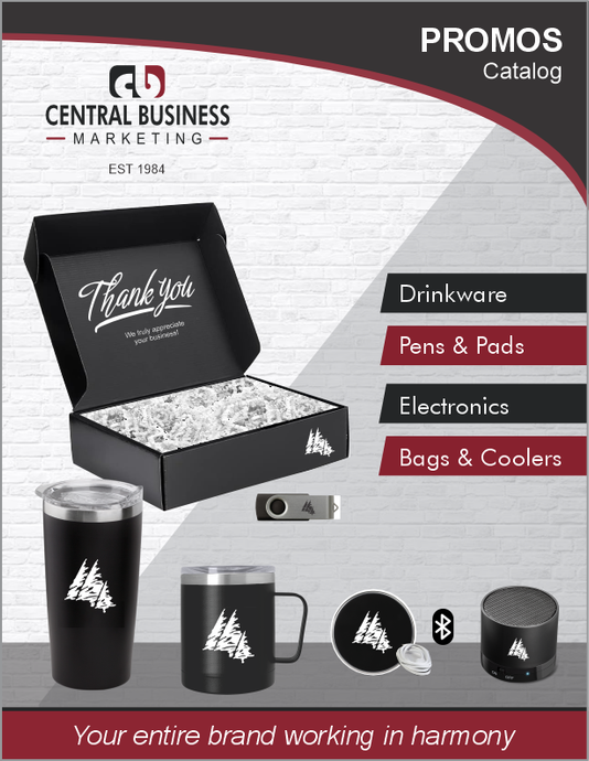 Promos catalog cover featuring drinkware pens and pads
